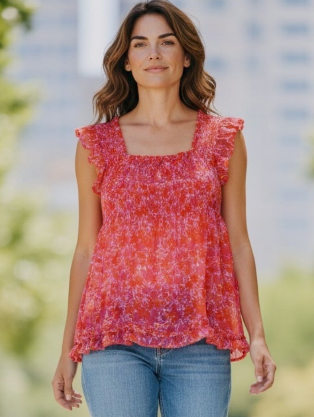 Umgee Pink Floral Smocked Flutter Sleeve Top